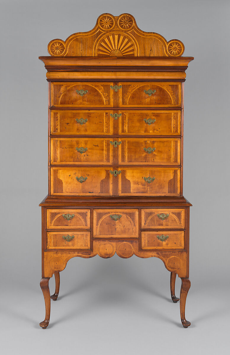 High Chest of Drawers, Walnut , white pine, burl walnut veneers, mahogany; brass, American