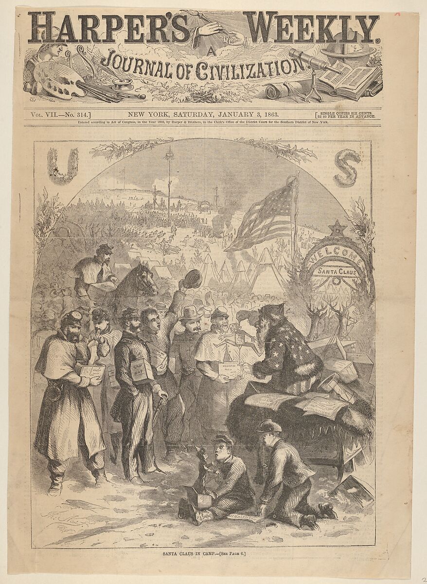 Santa Claus in Camp (from "Harper's Weekly," vol. 7, p. 1), Thomas Nast (American (born Germany), Landau 1840–1902 Guayaquil), Wood engraving 