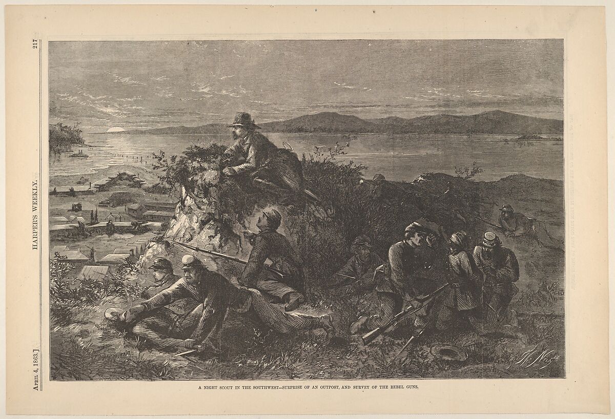 A Night Scout in the Southwest – Surprise of an Outpost, and Survey of the Rebel Guns (from "Harper's Weekly"), Thomas Nast (American (born Germany), Landau 1840–1902 Guayaquil), Wood engraving 