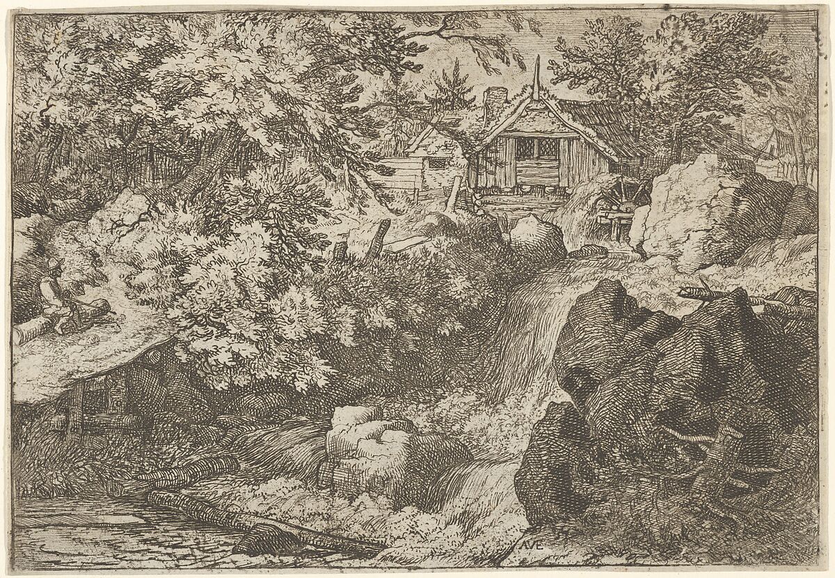The Cascade Near the Watermill, Allart van Everdingen (Dutch, Alkmaar 1621–1675 Amsterdam), Engraving; fifth state of five 