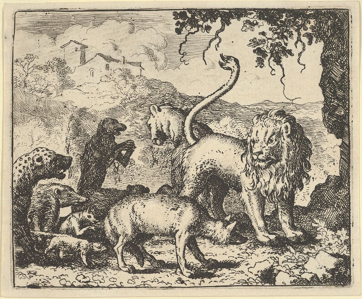 Renard is Accused by the Wolf and Several Animals from Hendrick van Alcmar's Renard The Fox, Allart van Everdingen (Dutch, Alkmaar 1621–1675 Amsterdam), Engraving; second state of four 