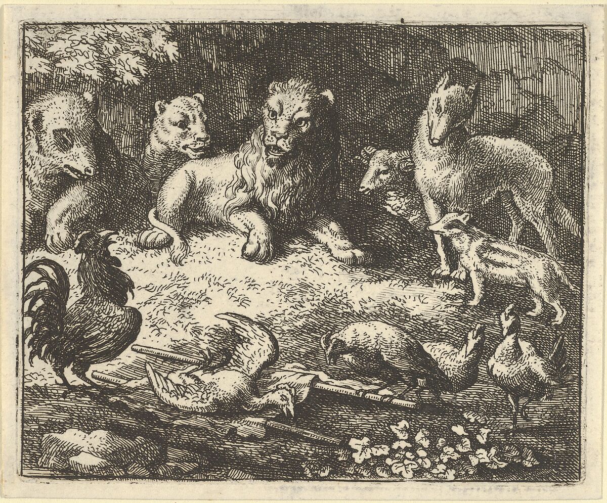 The Rooster Accuses Renard of Murdering his Chicken from Hendrick van Alcmar's Renard The Fox, Allart van Everdingen (Dutch, Alkmaar 1621–1675 Amsterdam), Engraving; third state of four 