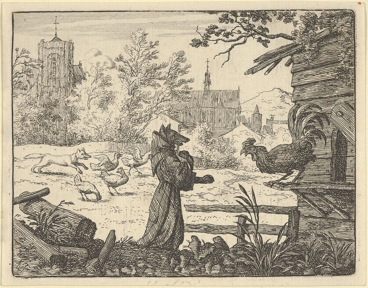 Renard, Disguised as a Monk, Gains the Confidence of the Rooster from Hendrick van Alcmar's Renard The Fox, Allart van Everdingen (Dutch, Alkmaar 1621–1675 Amsterdam), Engraving; third state of four 