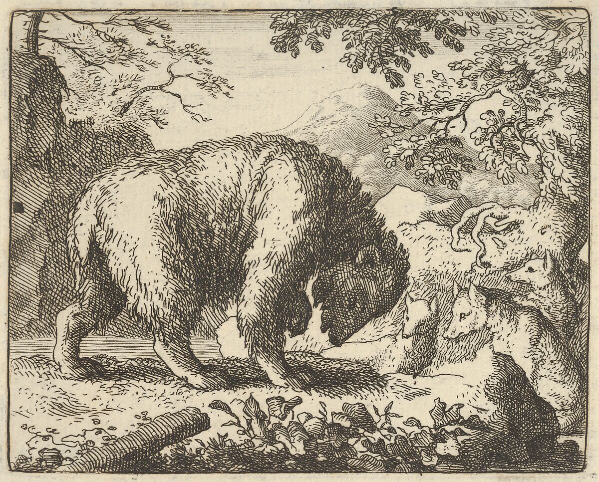 Renard Promises the Bear to Take Him to a Place Where He Will Find Honey from Hendrick van Alcmar's Renard The Fox, Allart van Everdingen (Dutch, Alkmaar 1621–1675 Amsterdam), Engraving; third state of four 