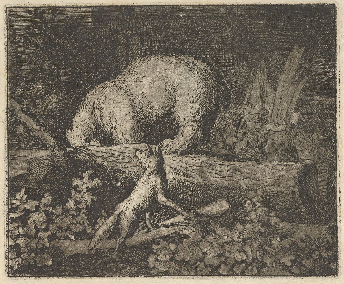 The Bear's Snout and Paws Are Caught in the Trunk of a Tree from Hendrick van Alcmar's Renard The Fox, Allart van Everdingen (Dutch, Alkmaar 1621–1675 Amsterdam), Engraving; third state of five 