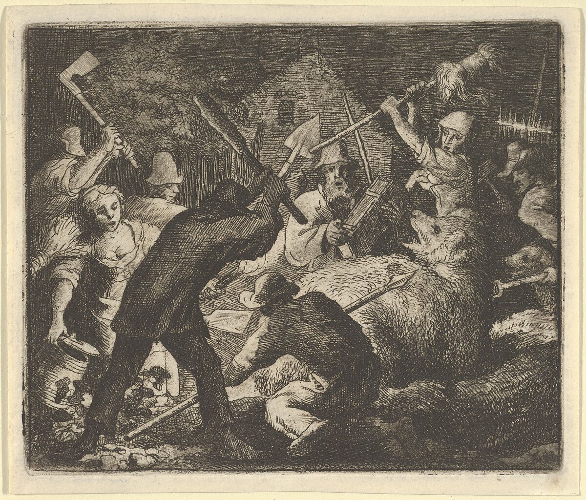 The Bear is Attacked by the Peasants from Hendrick van Alcmar's Renard The Fox, Allart van Everdingen (Dutch, Alkmaar 1621–1675 Amsterdam), Engraving; third state of five 