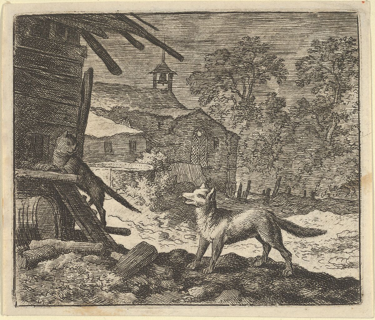 The Cat Climbs a Barn from Hendrick van Alcmar's Renard The Fox, Allart van Everdingen (Dutch, Alkmaar 1621–1675 Amsterdam), Engraving; third state of four 