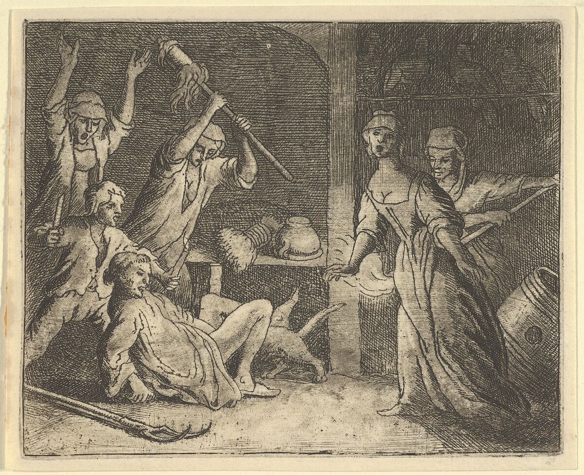 The Cat, Caught in a Snare, is Mistreated by the People from the House from Hendrick van Alcmar's Renard The Fox, Allart van Everdingen (Dutch, Alkmaar 1621–1675 Amsterdam), Engraving; fourth state of five 