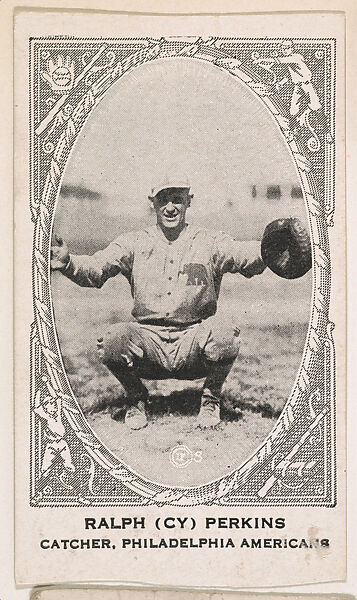 Ralph (Cy) Perkins, Catcher, Philadelphia Americans, from the American Caramel Baseball Players series (E120) for the American Caramel Company, Issued by American Caramel Company, Lancaster and York, Pennsylvania, Photolithograph 