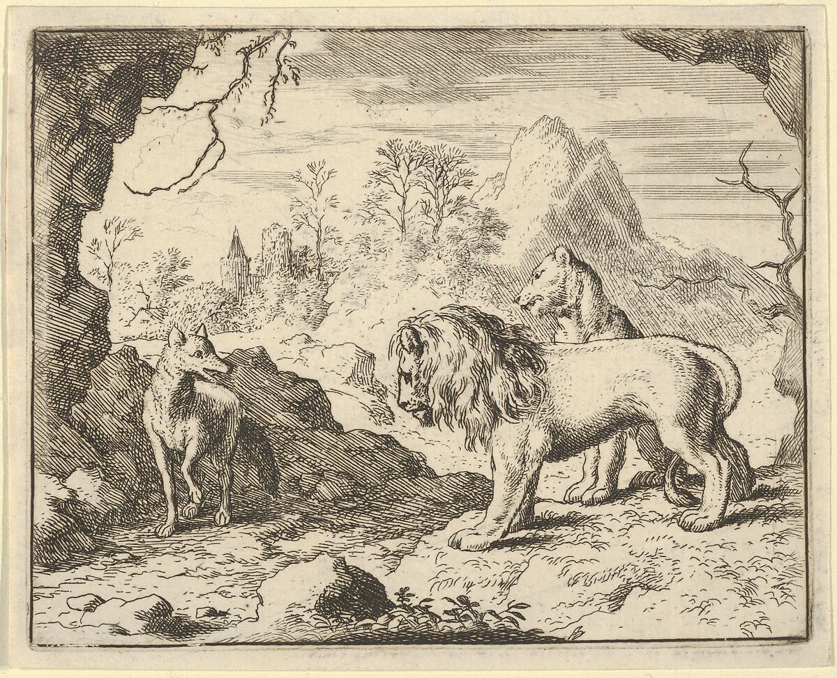 Renard Convinces the Lion and Lioness of Finding a Treasure His Father Stole from Them from Hendrick van Alcmar's Renard The Fox, Allart van Everdingen (Dutch, Alkmaar 1621–1675 Amsterdam), Engraving; second state of three 