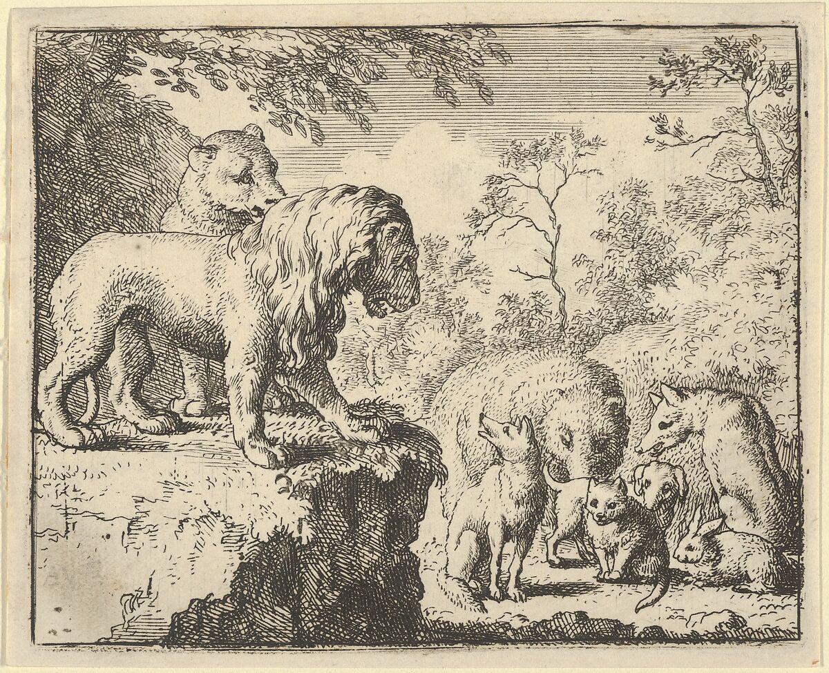 The Lion and the Lioness Pardon Renard and Order the Other Animals to Forget His Crimes from Hendrick van Alcmar's Renard The Fox, Allart van Everdingen (Dutch, Alkmaar 1621–1675 Amsterdam), Engraving; third state of four 