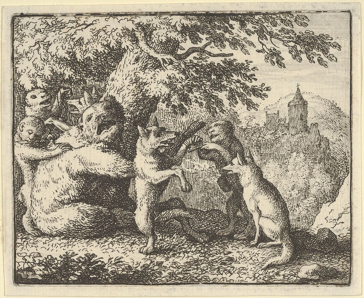 On Order of the Lion, a Piece of Skin is Taken from the Bear, A  Piece of the Front Paws of the Wolf and a Piece from the She-Wolf's Hind Paws are Skinned from Hendrick van Alcmar's Renard The Fox, Allart van Everdingen (Dutch, Alkmaar 1621–1675 Amsterdam), Engraving; fourth state of five 