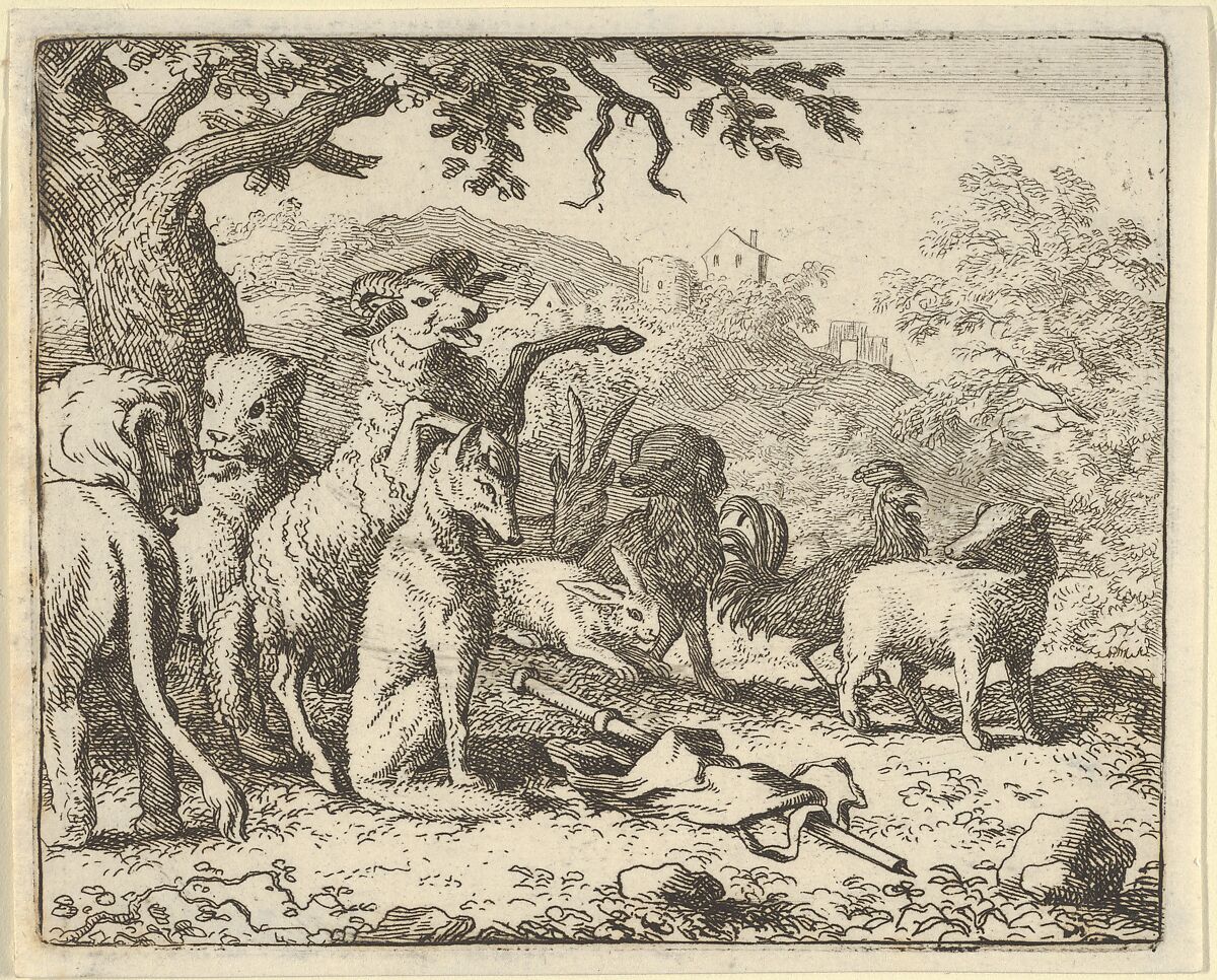 The Ram, Chapelain of the Lion, Gives the Benediction to Renard before His Depature for Rome from Hendrick van Alcmar's Renard The Fox, Allart van Everdingen (Dutch, Alkmaar 1621–1675 Amsterdam), Engraving; third state of four 