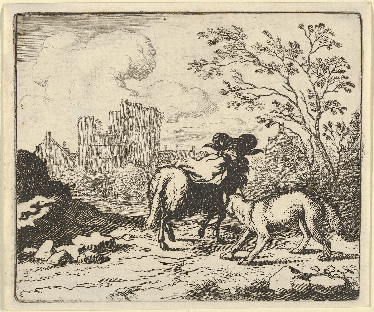 Renard Sends the Ram Back to the Lion with a Package Containing the Rabbit's Head from Hendrick van Alcmar's Renard The Fox, Allart van Everdingen (Dutch, Alkmaar 1621–1675 Amsterdam), Engraving; third state of four 