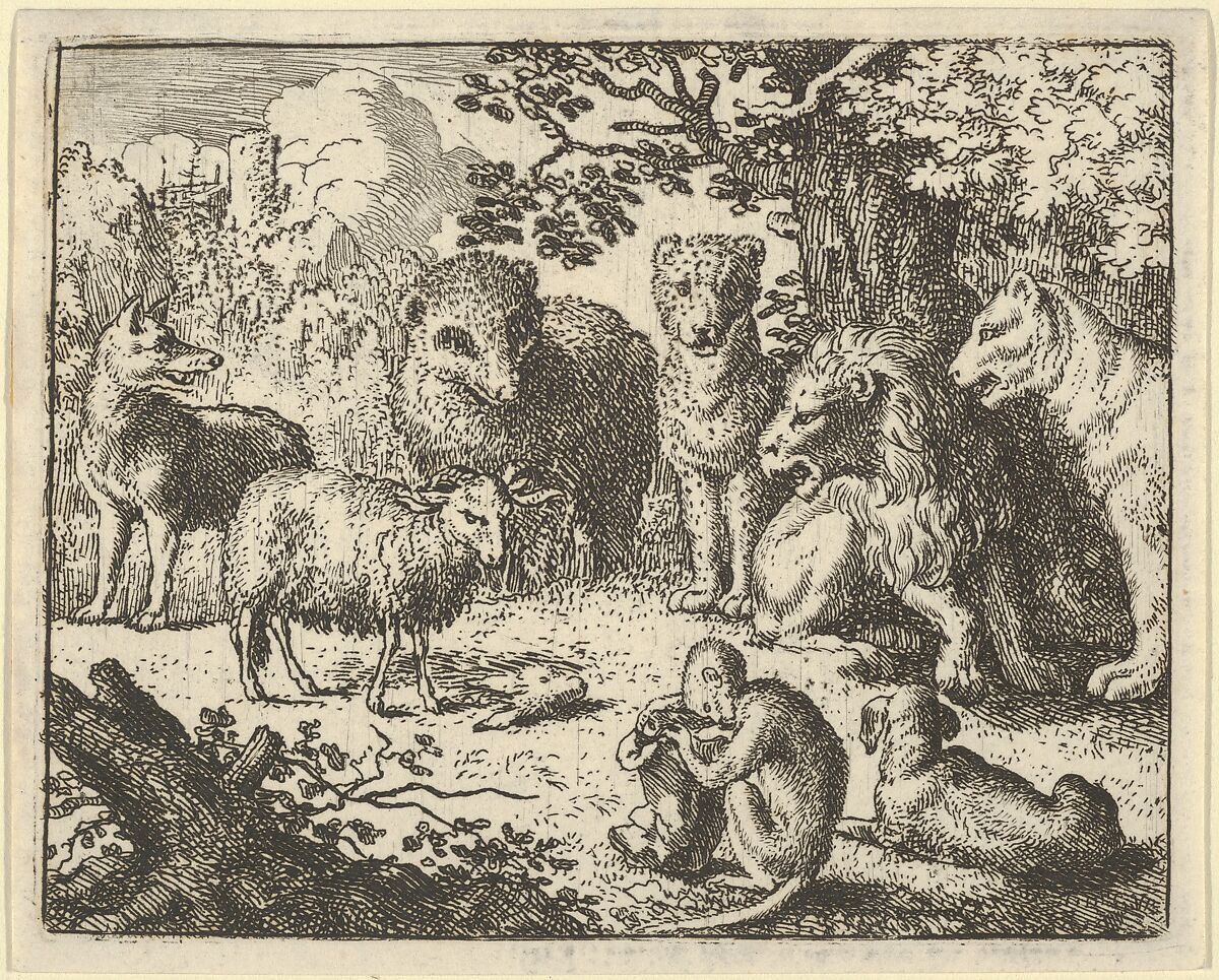 The Monkey Opens the Package and Removes the Rabbit's Head to the Great Surprise of the Animals from Hendrick van Alcmar's Renard The Fox, Allart van Everdingen (Dutch, Alkmaar 1621–1675 Amsterdam), Engraving; third state of four 