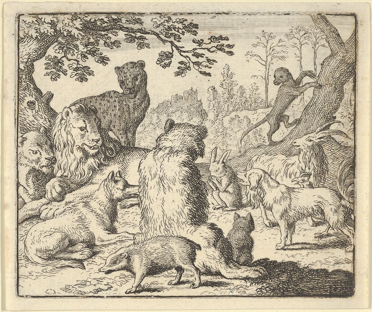 The Lion Orders All the Animals to Follow Him to Renard's Burrow from Hendrick van Alcmar's Renard The Fox, Allart van Everdingen (Dutch, Alkmaar 1621–1675 Amsterdam), Engraving; fourth state of five 
