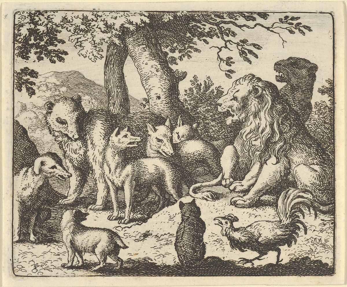 Renard Exonerates Himself of His Crimes Before the Lion from Hendrick van Alcmar's Renard The Fox, Allart van Everdingen (Dutch, Alkmaar 1621–1675 Amsterdam), Engraving; third state of four 