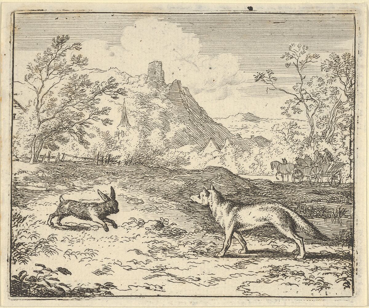Renard Lies that the Rabbit Insulted One of His Children from Hendrick van Alcmar's Renard The Fox, Allart van Everdingen (Dutch, Alkmaar 1621–1675 Amsterdam), Engraving; third state of four 