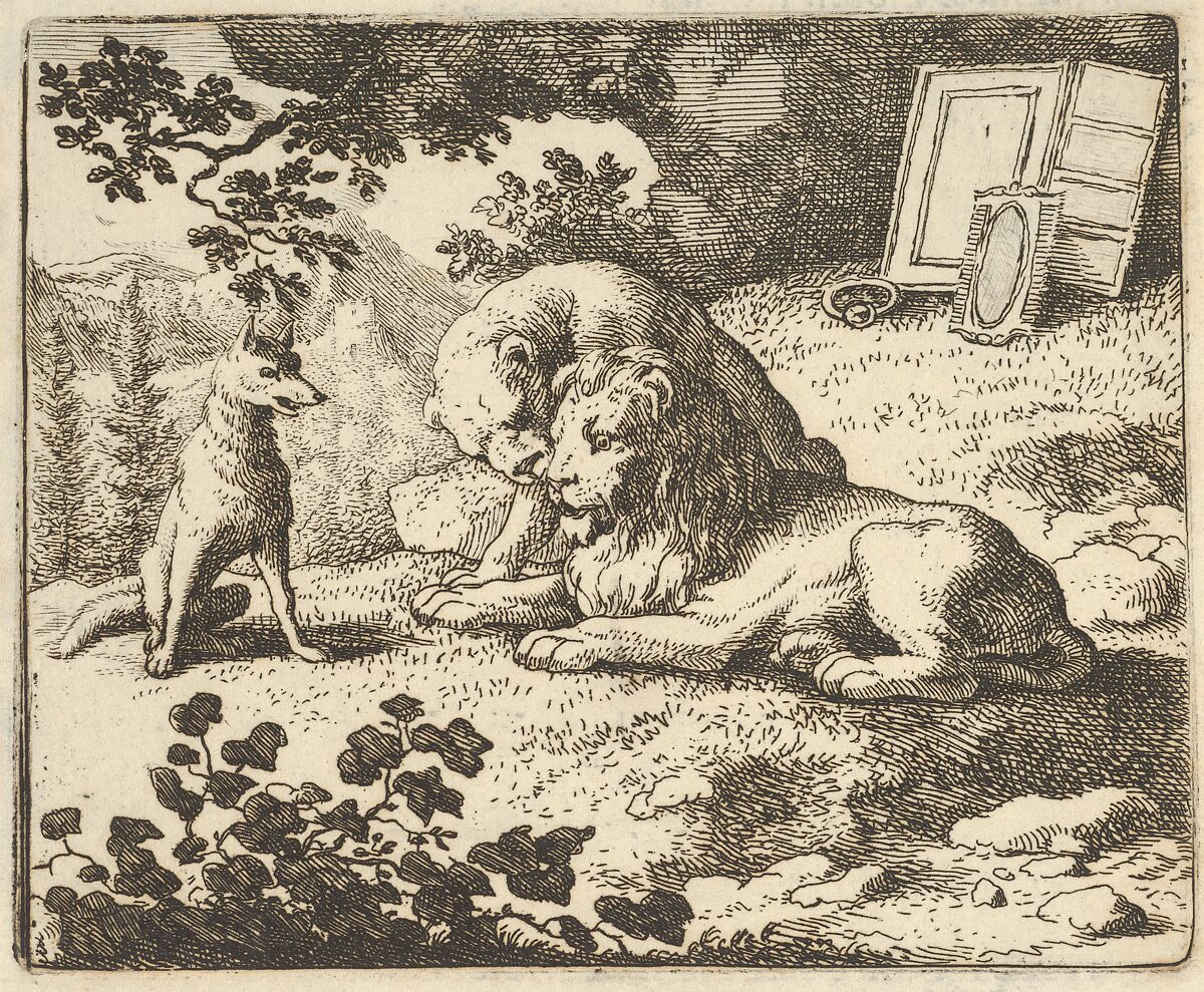 Renard Lies that he Gave the Ram Various Precious Objects that Were Meant for the Lion and Lioness  from Hendrick van Alcmar's Renard The Fox, Allart van Everdingen (Dutch, Alkmaar 1621–1675 Amsterdam), Engraving; third state of four 