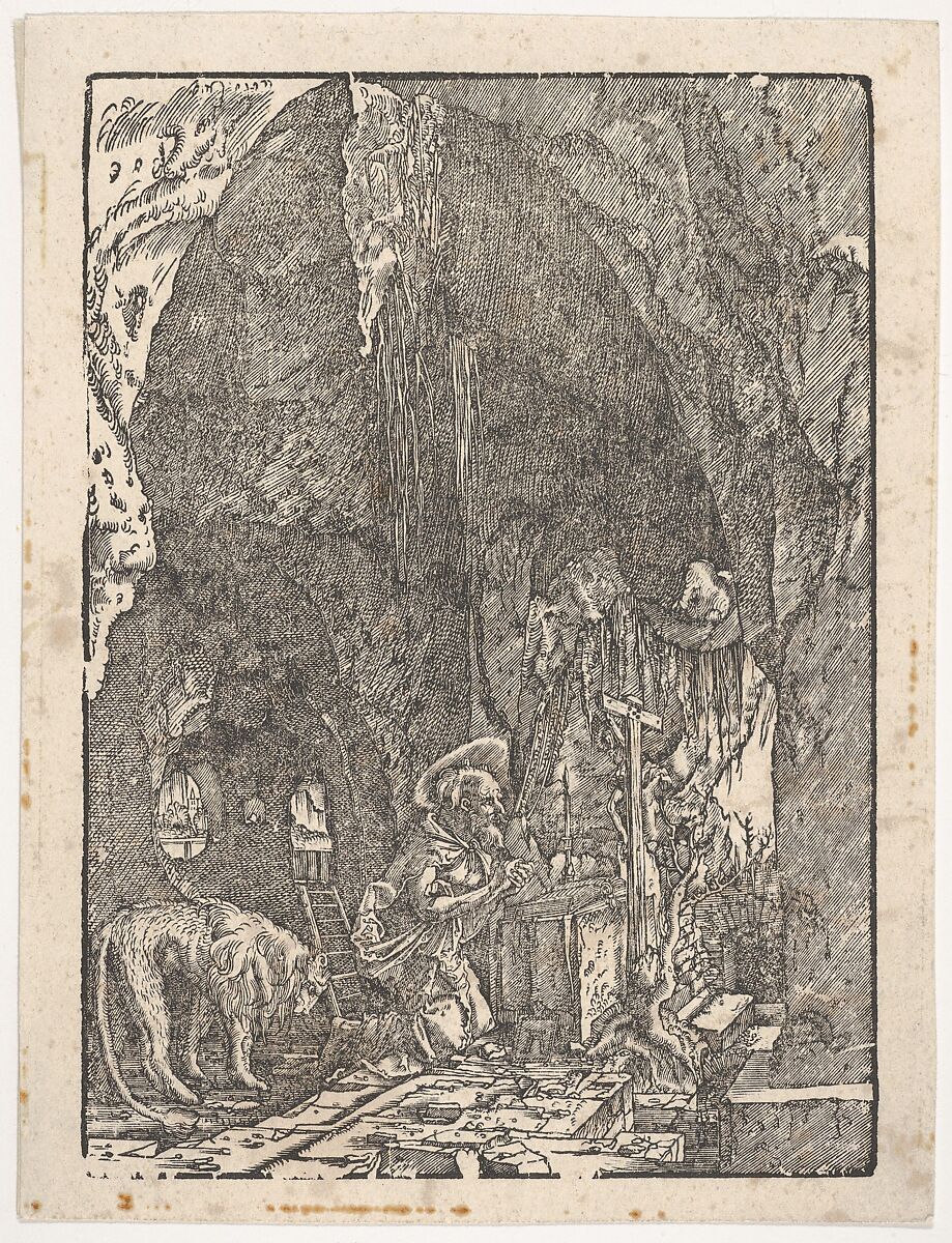 Saint Jerome in Penitence, in a Cave, from "Holzschnitte alter deutscher Meister in den Original-Platten gesammelt von Hans Albrecht von Derschau", Albrecht Altdorfer (German, Regensburg ca. 1480–1538 Regensburg), Woodcut 