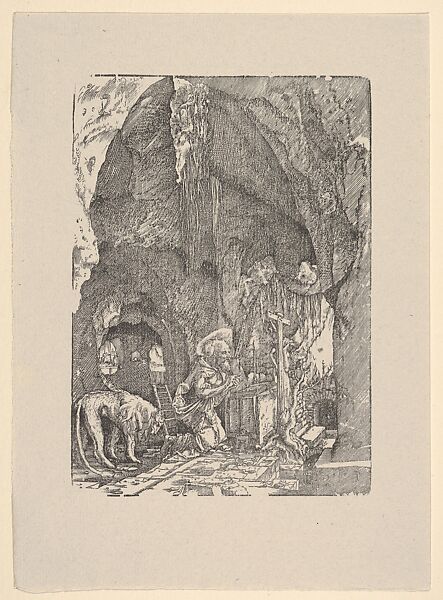 Saint Jerome in Penitence, in a Cave, from Holzschnitte alter Meister gedruckt von den Originalstöcken der Sammlung Derschau im besitz des Staatlichen Kupferstich-kabinetts zu Berlin, Albrecht Altdorfer (German, Regensburg ca. 1480–1538 Regensburg), Woodcut; Dershau restike, 1922 