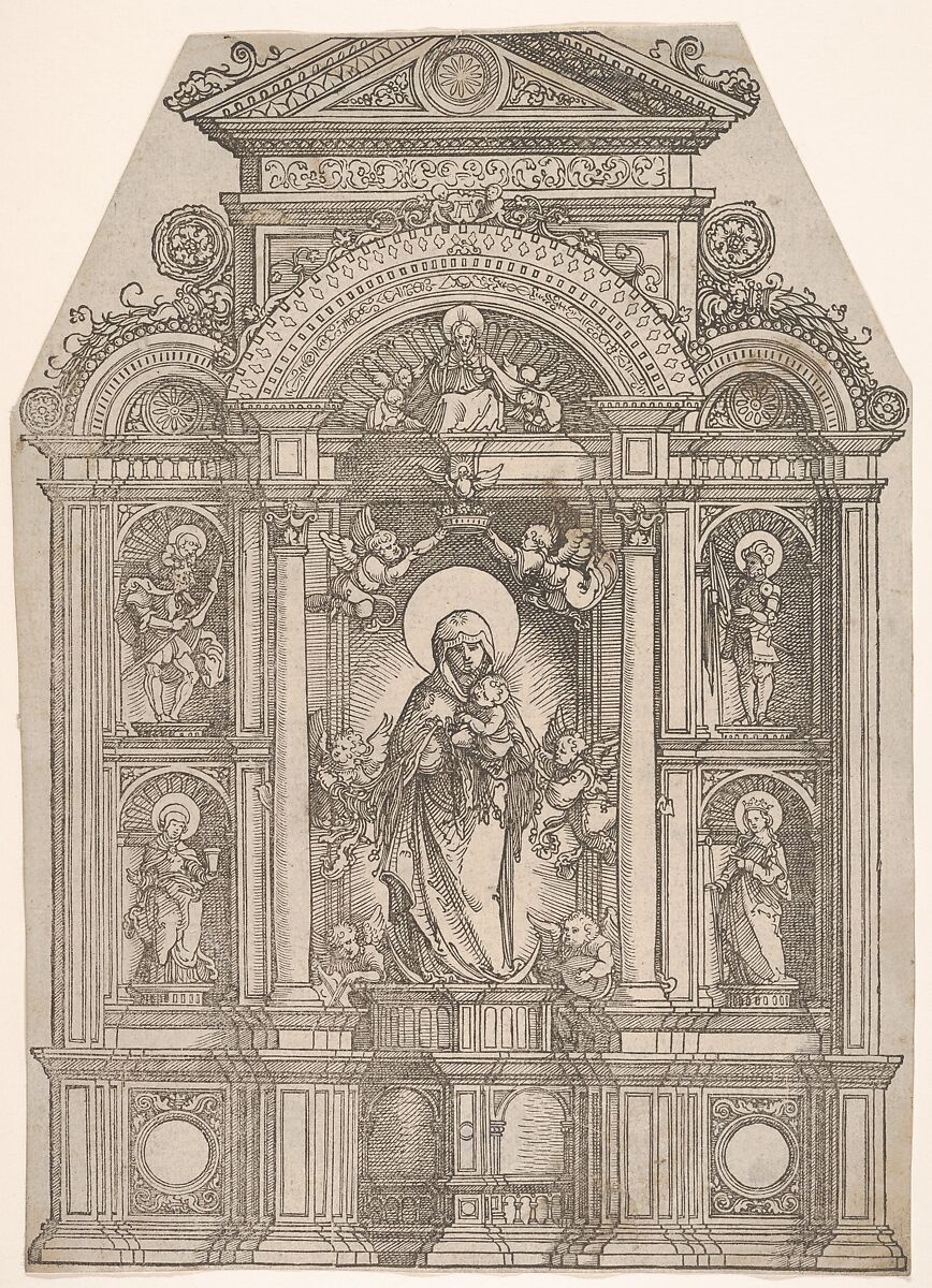 Altarpiece with the Beautiful Virgin of Regensburg and Saints Christopher, Mary Magdalen, Florian and Catherine Standing in Niches, with God the Father Above, Albrecht Altdorfer (German, Regensburg ca. 1480–1538 Regensburg), Woodcut 