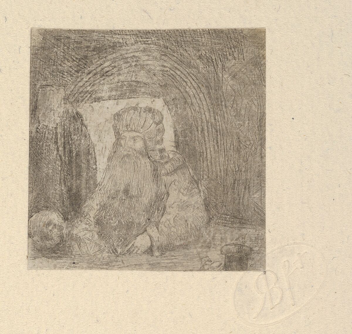 L'Ermite à la Tête de Mort (The Hermit with Skull), Rodolphe Bresdin (French, Montrelais 1822–1885 Sèvres), Etching; first state of two (Van Gelder) 