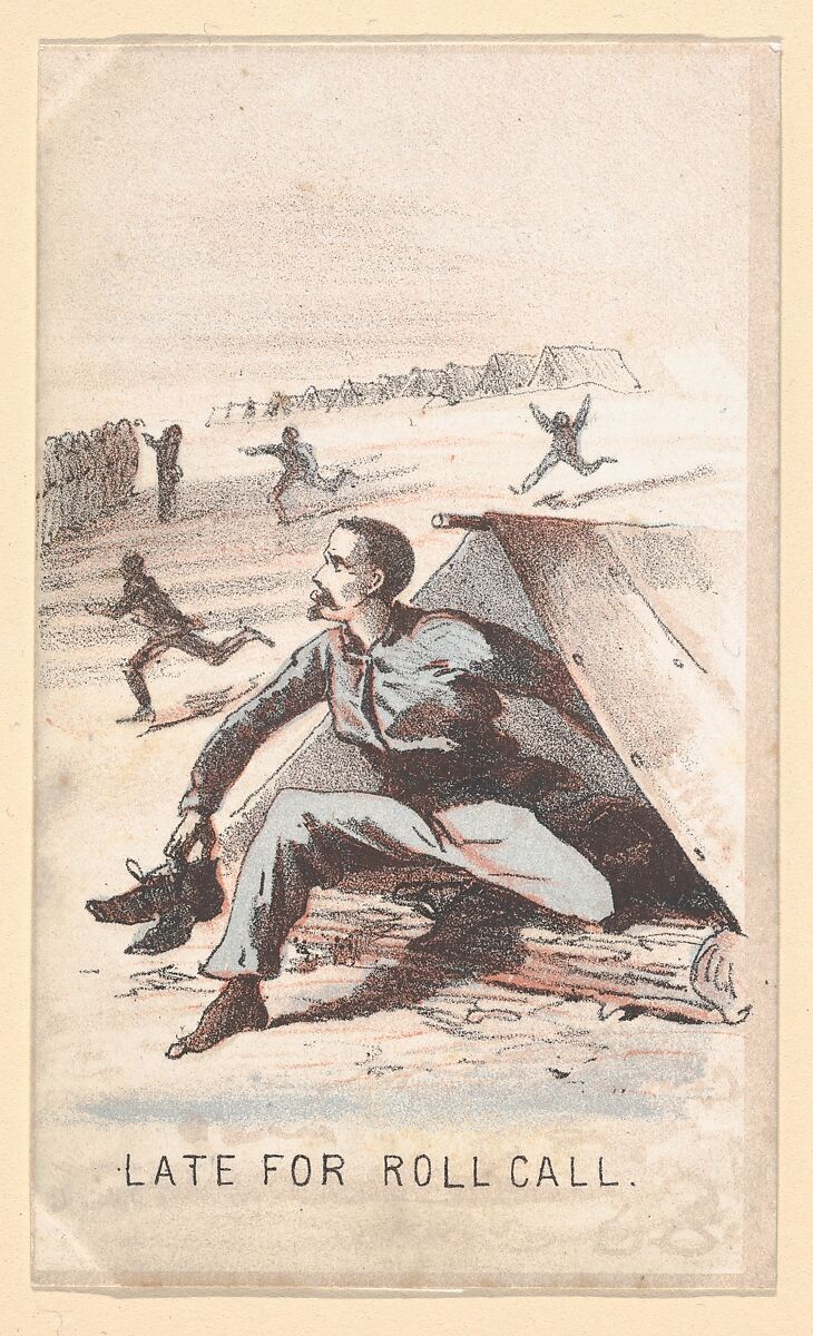 Life in Camp, Part 1: Late for Roll Call, After Winslow Homer (American, Boston, Massachusetts 1836–1910 Prouts Neck, Maine), Color lithograph 