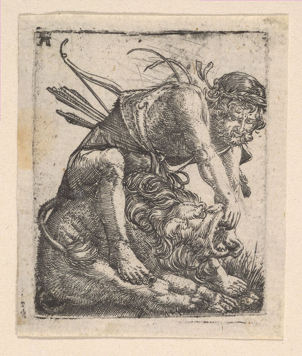 Hercules Fighting the Nemean Lion, Albrecht Altdorfer (German, Regensburg ca. 1480–1538 Regensburg), Engraving 