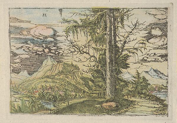 Facsimile Reproduction of Landscape with a Double Spruce, Albrecht Altdorfer (German, Regensburg ca. 1480–1538 Regensburg), Colored facsimile of etching 