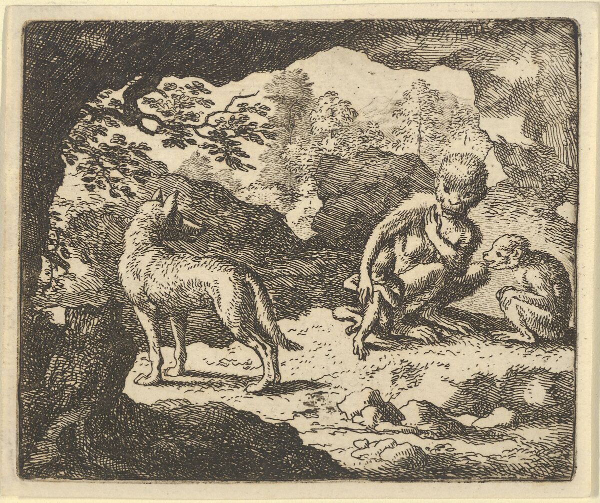 The Wolf in in the She-Monkey's Cave Where the Renard Convinced Him to Enter in Order to Make Fun of Him  from Hendrick van Alcmar's Renard The Fox, Allart van Everdingen (Dutch, Alkmaar 1621–1675 Amsterdam), Engraving; third state of four 