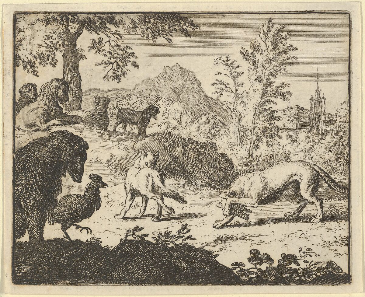 The Lion Allows a Fight Between the Wolf and Renard from Hendrick van Alcmar's Renard The Fox, Allart van Everdingen (Dutch, Alkmaar 1621–1675 Amsterdam), Engraving; third state of four 