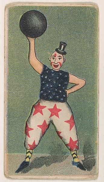 Clown holding ball above head, from the Circus Caramels series (E43) issued by the American Caramel Company to promote Circus Caramels, Issued by the American Caramel Company, Philadelphia, Commercial color lithograph 