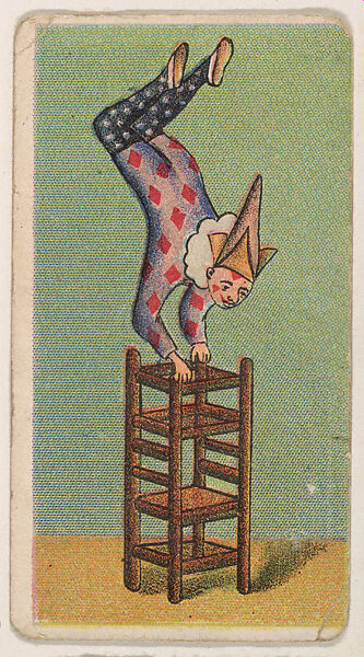 Clown balancing upside down on chair, from the Circus Caramels series (E43) issued by the American Caramel Company to promote Circus Caramels, Issued by the American Caramel Company, Philadelphia, Commercial color lithograph 