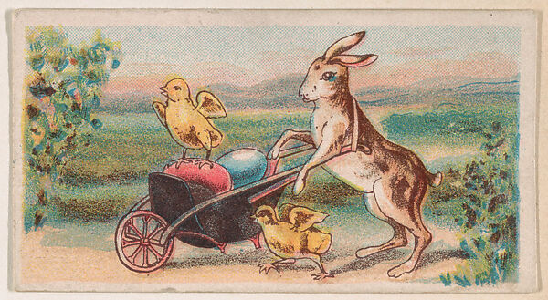 Rabbit pushing wheelbarrow of Easter eggs and chicks, from the Easter Subjects series (E45) issued by the American Caramel Company to promote Easter Caramels, Issued by the American Caramel Company, Philadelphia, Commercial color lithograph 