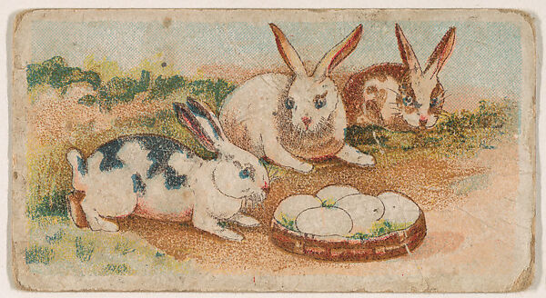 Three rabbits examine Easter eggs, from the Easter Subjects series (E45) issued by the American Caramel Company to promote Easter Caramels, Issued by the American Caramel Company, Philadelphia, Commercial color lithograph 