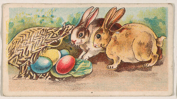 Two rabbits examine colorful Easter eggs, from the Easter Subjects series (E45) issued by the American Caramel Company to promote Easter Caramels, Issued by the American Caramel Company, Philadelphia, Commercial color lithograph 