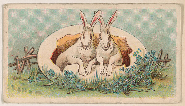 Two rabbits posing in an Easter egg, from the Easter Subjects series (E45) issued by the American Caramel Company to promote Easter Caramels, Issued by the American Caramel Company, Philadelphia, Commercial color lithograph 