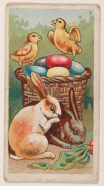 Two rabbits and two chicks pose by an Easter basket filled with eggs, from the Easter Subjects series (E45) issued by the American Caramel Company to promote Easter Caramels, Issued by the American Caramel Company, Philadelphia, Commercial color lithograph 