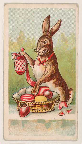 Rabbit preparing basket of colored Easter eggs, from the Easter Subjects series (E45) issued by the American Caramel Company to promote Easter Caramels, Issued by the American Caramel Company, Philadelphia, Commercial color lithograph 