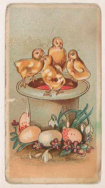 Four chicks perched above colorful Easter eggs, from the Easter Subjects series (E45) issued by the American Caramel Company to promote Easter Caramels, Issued by the American Caramel Company, Philadelphia, Commercial color lithograph 