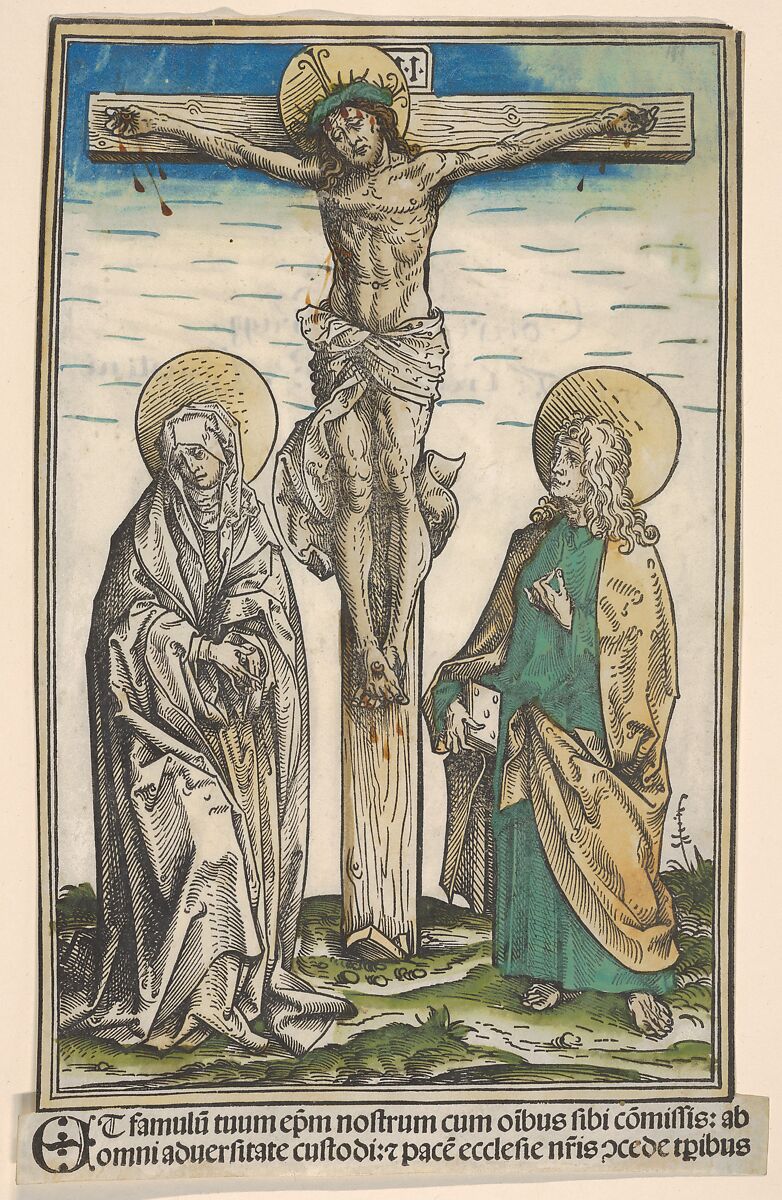 Christ on the Cross with the Virgin and Saint John, from the Passau Missal (Missale Pataviense), Hans Burgkmair (German, Augsburg 1473–1531 Augsburg), Hand-colored woodcut on vellum 