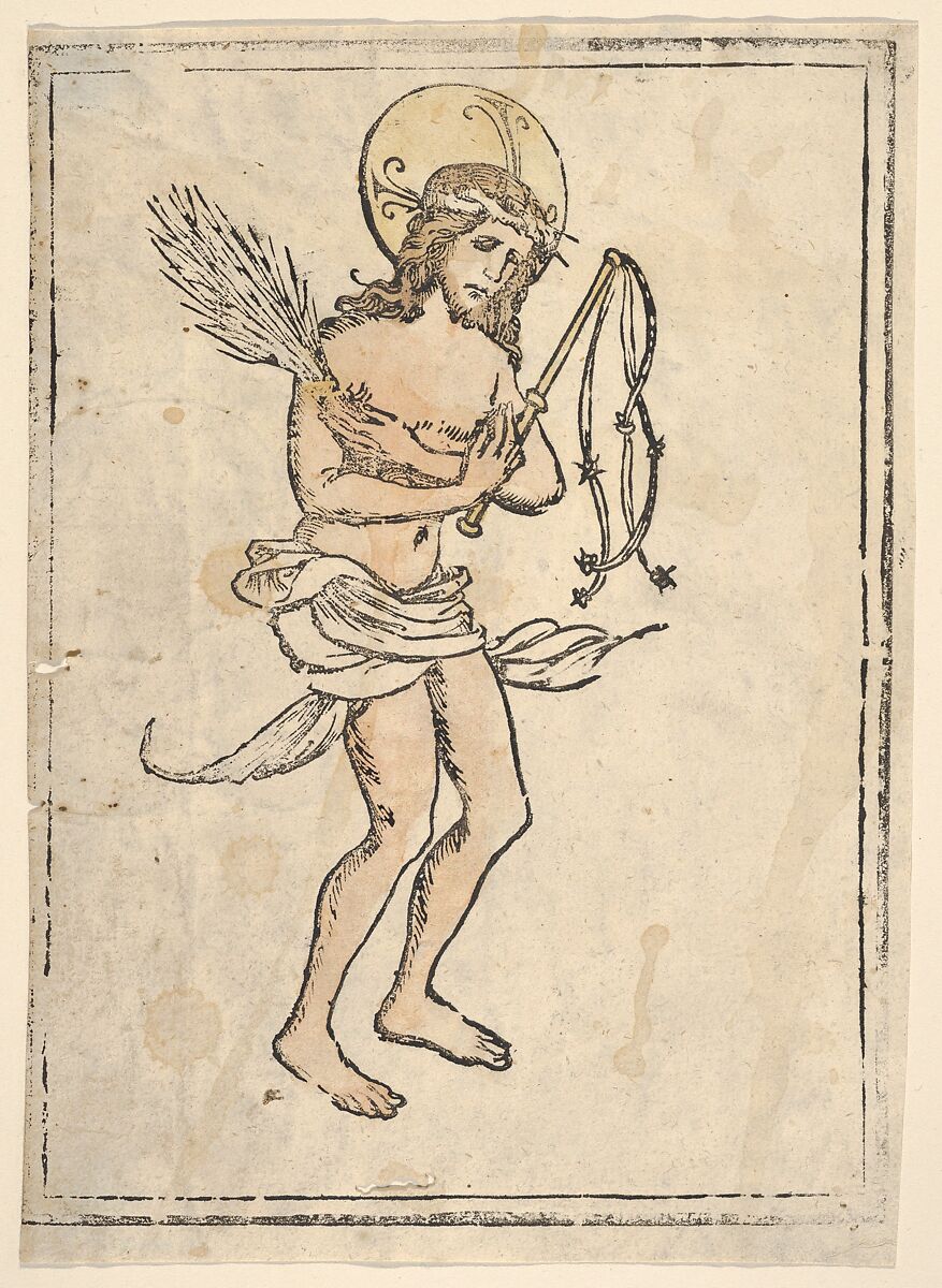 The Man of Sorrows Standing, Hans Burgkmair (German, Augsburg 1473–1531 Augsburg), Hand-colored woodcut; second state of two (Hollstein) 