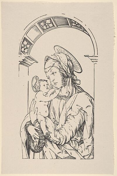 Virgin and Child Under an Arch, from Holzschnitte alter Meister gedruckt von den Originalstöcken der Sammlung Derschau im besitz des Staatlichen Kupferstich-kabinetts zu Berlin, Hans Burgkmair (German, Augsburg 1473–1531 Augsburg), Woodcut; second state of two (Hollstein); Dershau restrike, 1922 