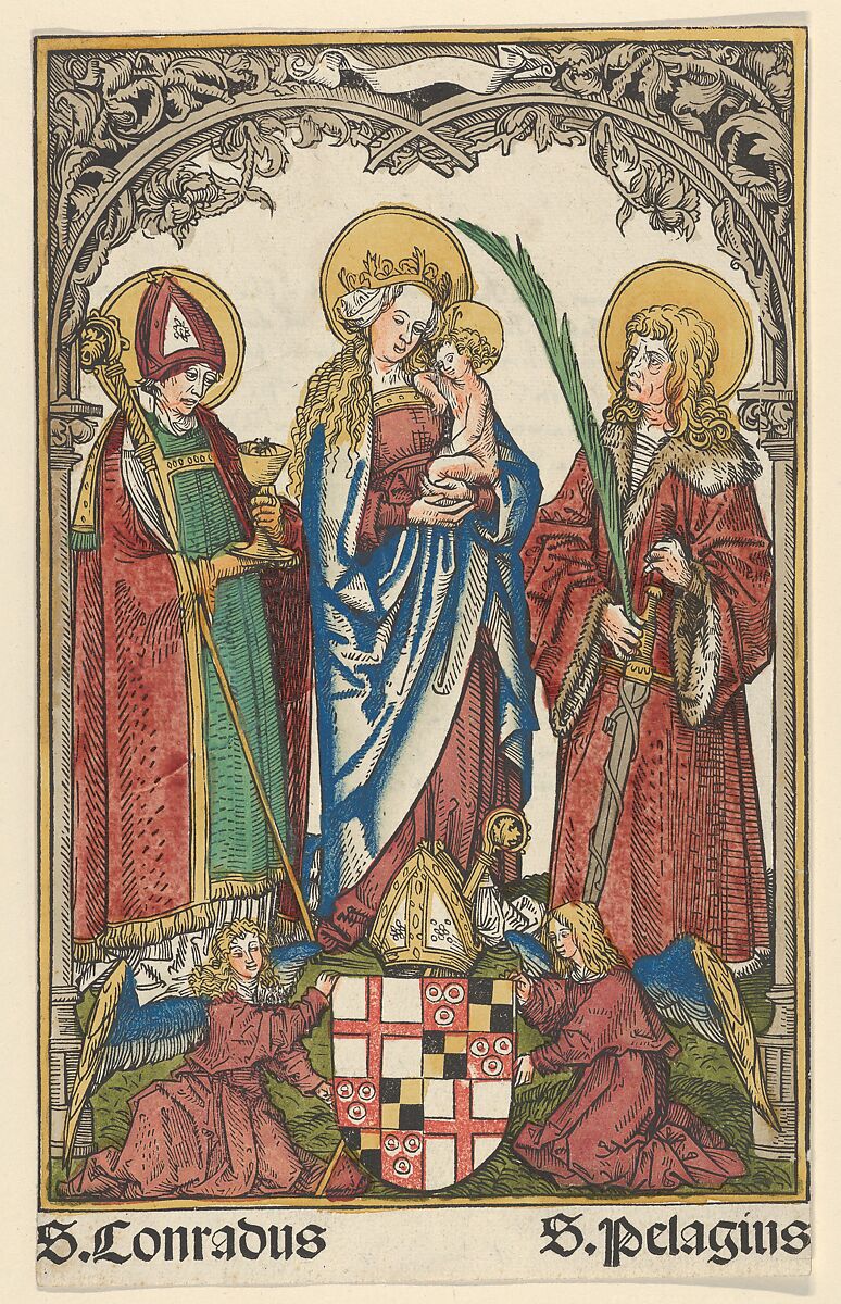 Virgin and Child with the Patron Saints of Constance, Hans Burgkmair (German, Augsburg 1473–1531 Augsburg), Hand-colored woodcut and letterpress; second state of two (Burkhard) 
