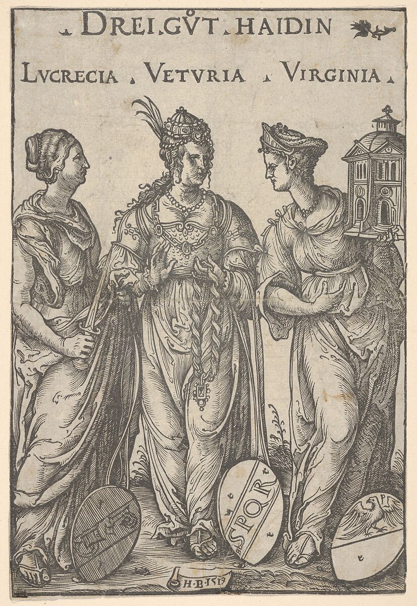The Three Heathen Heroines (Drei Gut Haidin), from Heroes and Heroines, Hans Burgkmair (German, Augsburg 1473–1531 Augsburg), Woodcut; first state of three 