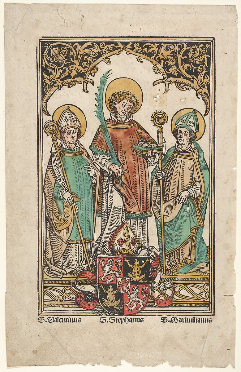 Saints Valentine, Stephen, and Maximilian, the Patron Saints of Passau, Hans Burgkmair (German, Augsburg 1473–1531 Augsburg), Hand-colored woodcut; second state of two (Hollstein) 