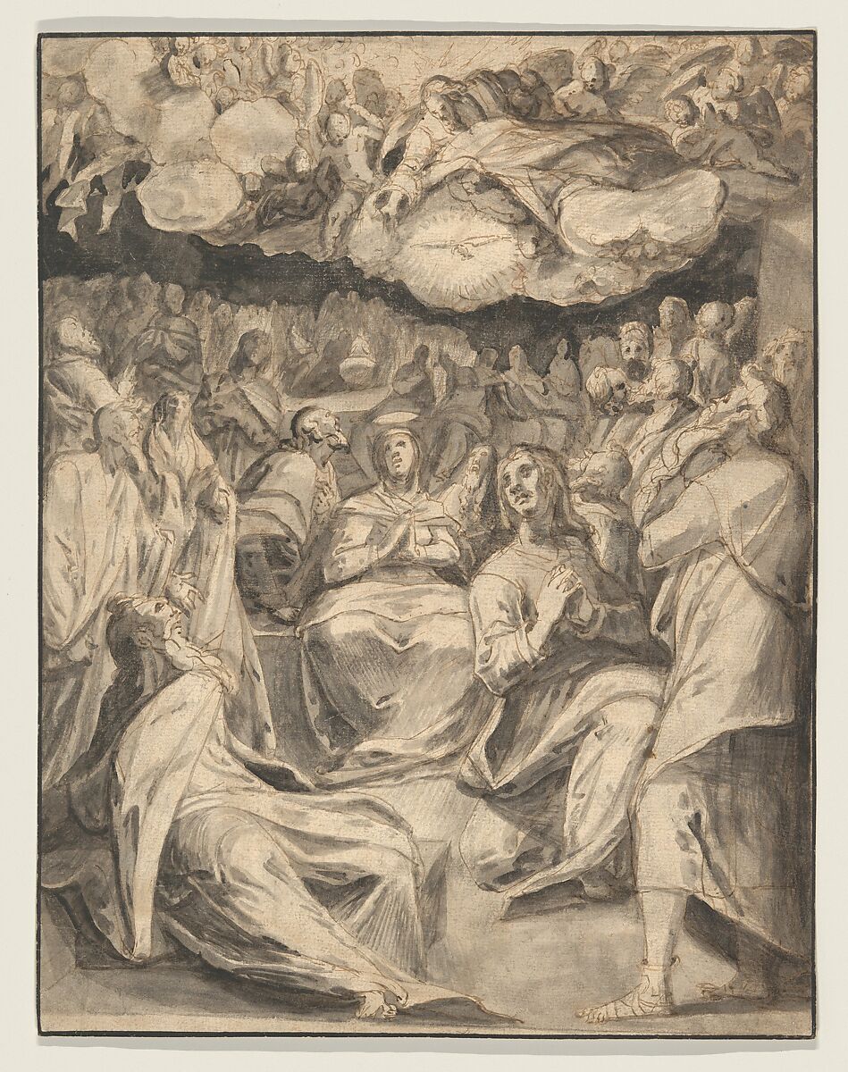 The Pentecost, Master of the Egmont Albums (Netherlandish, 16th century), Pen and brown ink, brush and gray and black ink; framing line in pen and black ink 