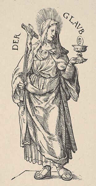 Faith (Der Glaub), from The Seven Virtues, in Holzschnitte alter Meister gedruckt von den Originalstöcken der Sammlung Derschau im besitz des Staatlichen Kupferstich-kabinetts zu Berlin, Hans Burgkmair (German, Augsburg 1473–1531 Augsburg), Woodcut; restrike of third state of three (Hollstein); Dershau restrike, 1922 