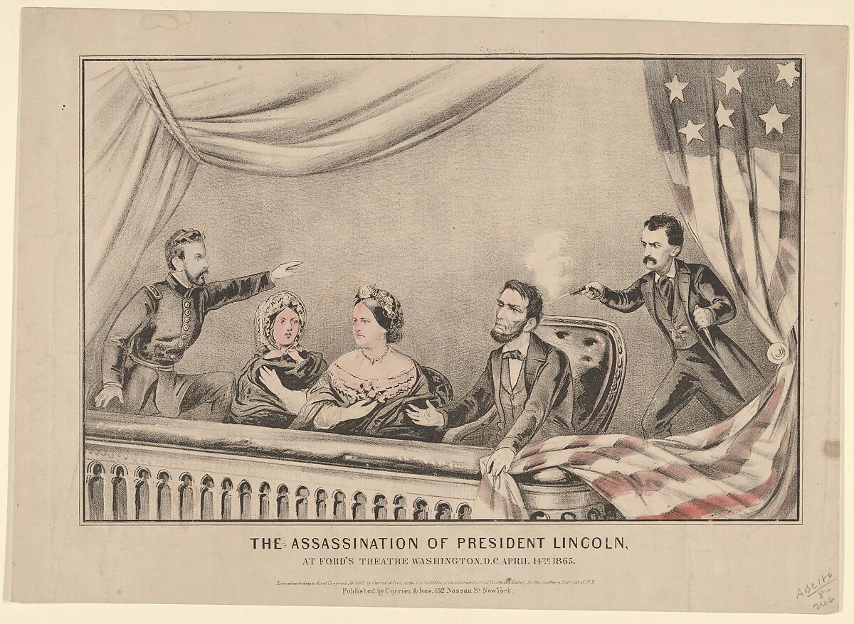 The Assassination of President Lincoln at Ford's Theatre, Washington D.C., April 14th, 1865, Currier &amp; Ives (American, active New York, 1857–1907), Hand-colored lithograph 